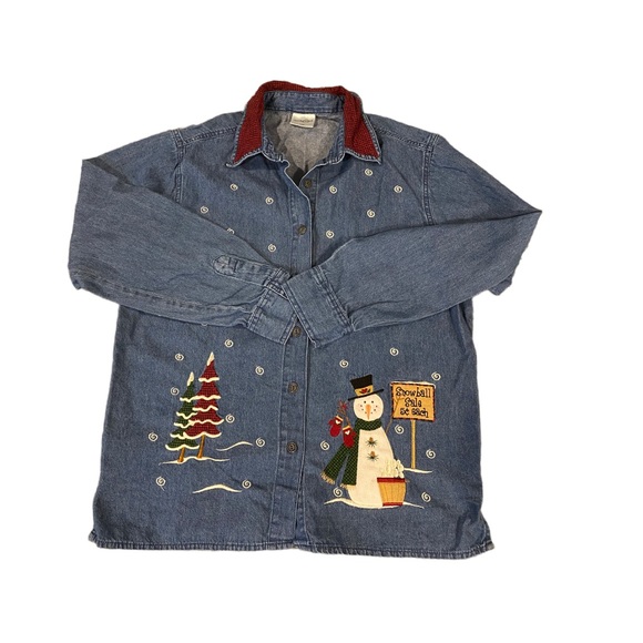 Vintage denim Christmas shirt, snowman, large - Picture 1 of 8